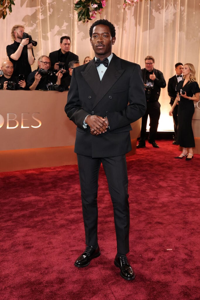 Damson Idris, Damson Idris Prada, custom Prada tuxedo, mint shirt tuxedo, Damson Idris Golden Globe Awards, Golden Globe Awards menswear