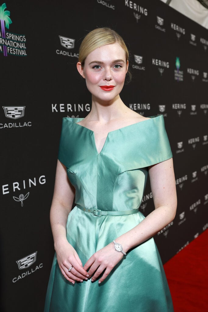 Elle Fanning Wore Vintage Nettie Rosenstein To The 2025  Palm Springs International Film Awards, Elle Fanning, Palm Springs International Film Festival Film Awards red carpet, vintage Nettie Rosenstein dress, 1950s fashion, Sentimental Value cast, Xtabay vintage, Elle Fanning red carpet, classic Hollywood style,