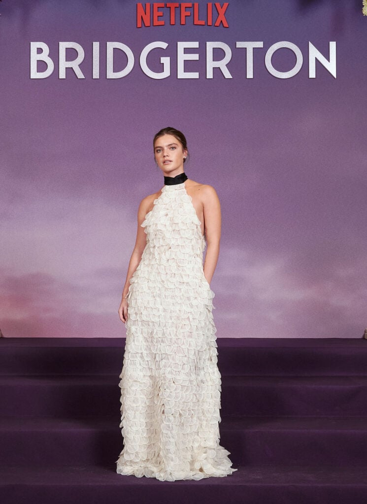 Florence Hunt, Florence Hunt red carpet, Bridgerton season 4 Paris premiere, Dior Spring 2026, custom Dior dress, petal dress Dior, Repossi jewellery, Bridgerton cast style