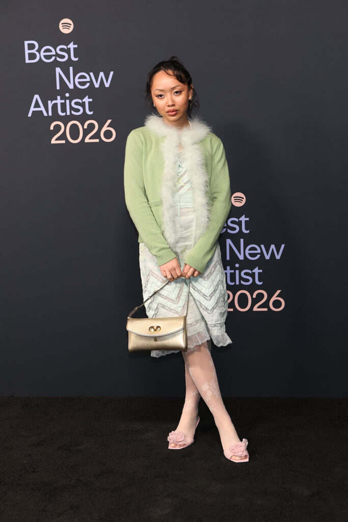 Sombr fashion, Spotify Best New Artist Party, PinkPantheress red carpet, Griff style, Olivia Dean fashion, Towa Bird outfit, Katseye group style, Ravyn Lenae look, Rabanne heart top, Best New Artist 2026