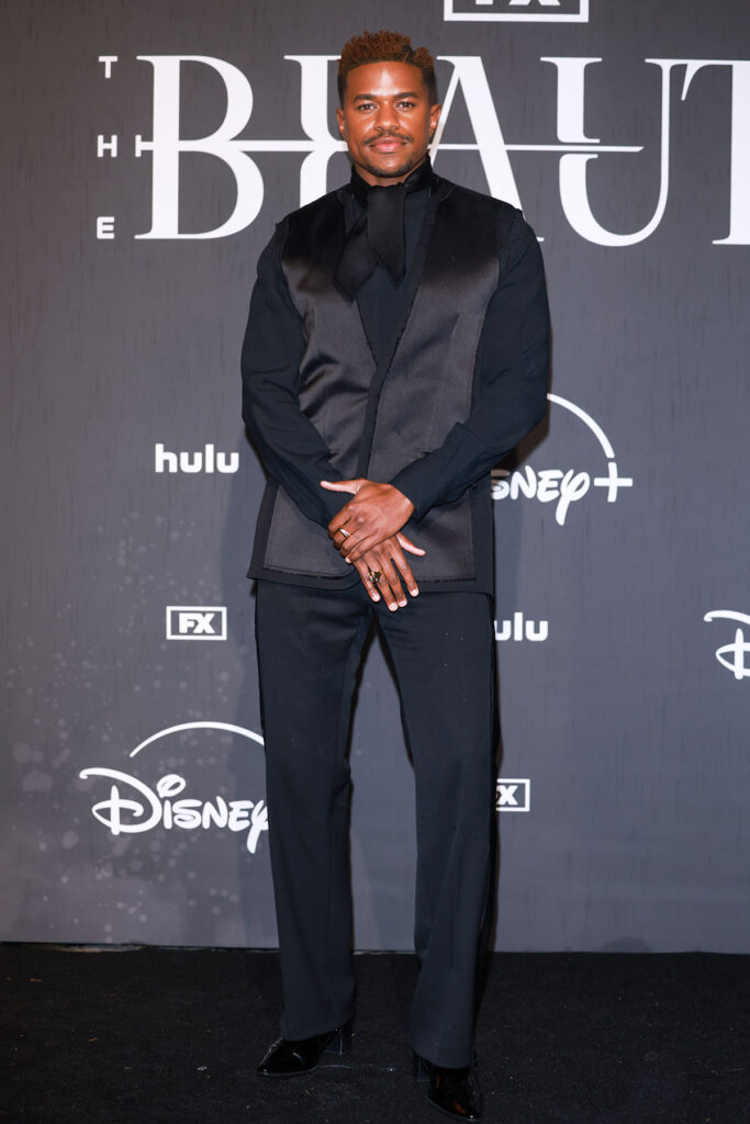 Jeremy Pope Rome premiere, Jeremy Pope AMI Paris custom, AMI Paris menswear, Jeremy Pope black silk shirt, The Beauty Rome premiere style, Law Roach styling