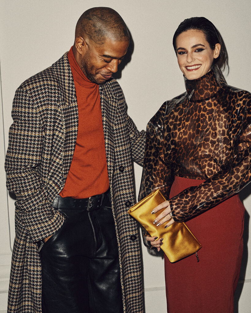 Kid Cudi, Saint Laurent front row, Paris Fashion Week, houndstooth coat, leather trousers, textured menswear, musician fashion, Lola Abecassis Sartore, Saint Laurent front row, Paris Fashion Week, animal print, tonal styling, womenswear fashion