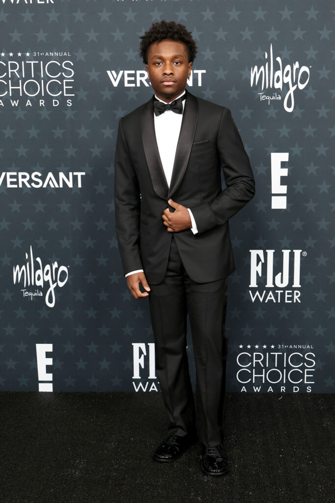 Miles Caton, Louis Vuitton, 2026 Critics Choice Awards menswear, classic tuxedo, bow tie tuxedo, Eric Figueroa styling