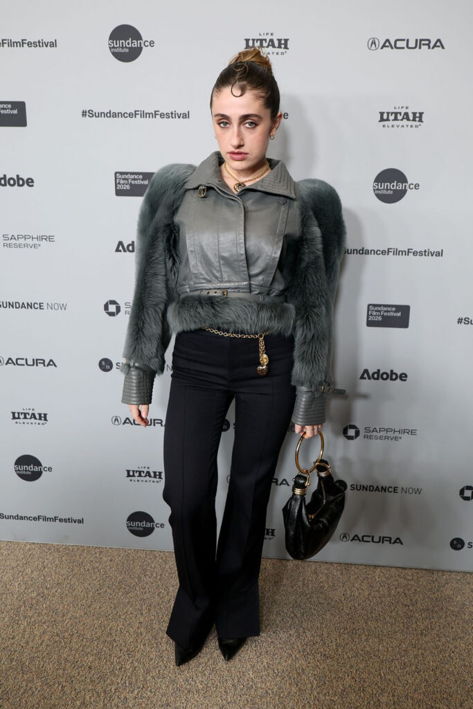 Rachel Sennott, Sundance Film Festival 2026, The Moment premiere, Sundance red carpet, Chloé Fall 2025, Chloé faux fur trimmed jacket, Chloé Hobo bag, Château Treasure choker
