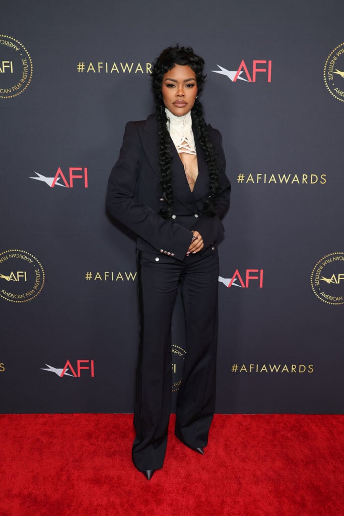 Teyana Taylor, AFI Awards Luncheon red carpet, Teyana Taylor AFI Awards, McQueen Spring 2026, McQueen tailoring, awards season menswear inspired looks, celebrity suiting, Los Angeles awards fashion