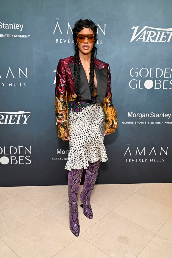 Teyana Taylor, Variety Golden Globes pre party red carpet, Teyana Taylor Golden Globes weekend, Nina Ricci Spring 2026, mixed print styling, statement boots red carpet, celebrity risk dressing, Los Angeles fashion events