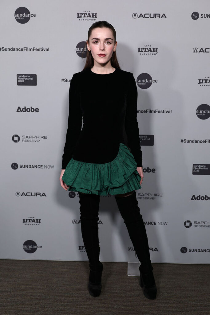 Kiernan Shipka, Sundance Film Festival 2026, The Shitheads premiere, Sundance red carpet, Delphine mini dress, winter event dressing, Park City fashion