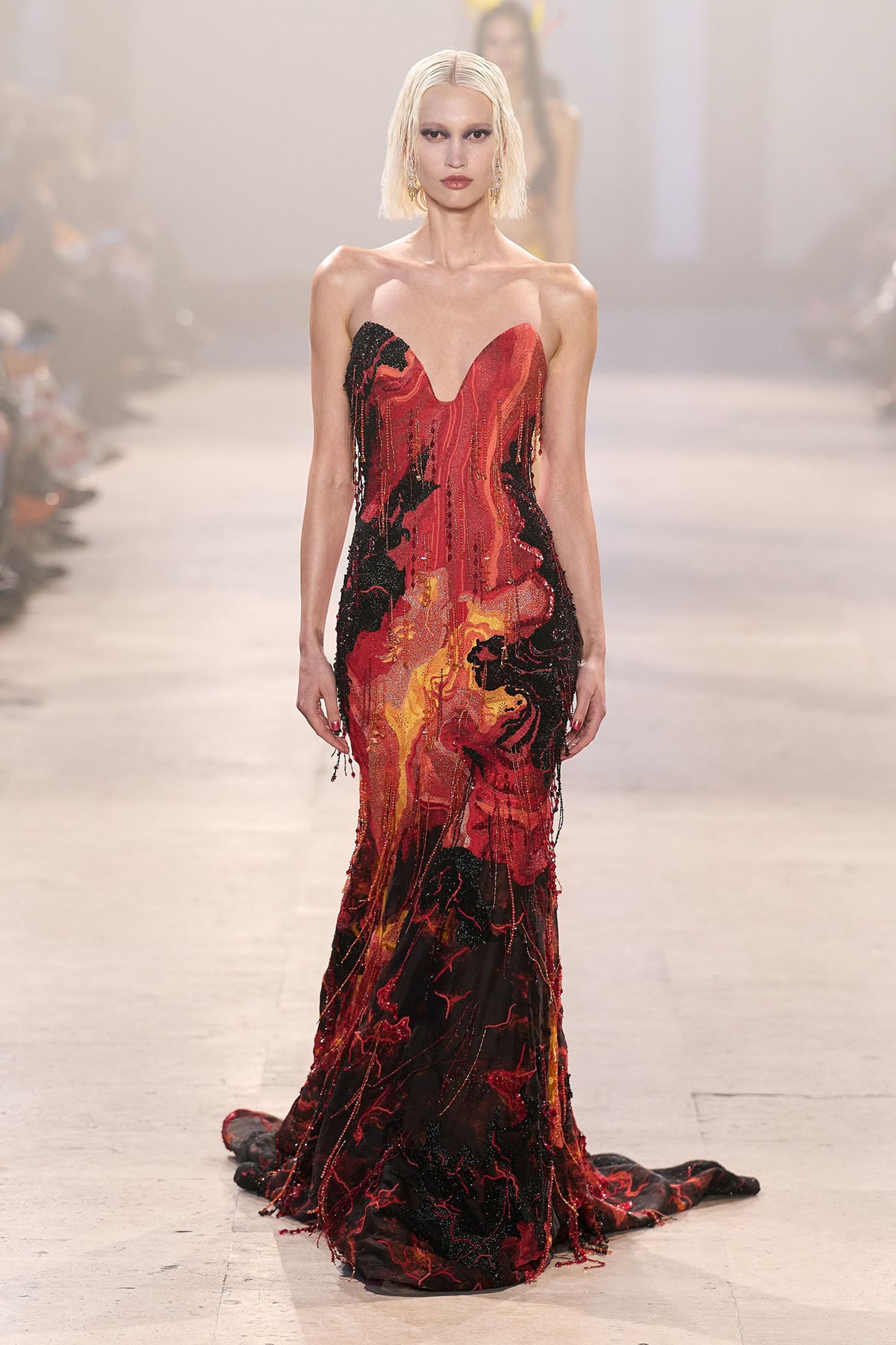 Model walks the runway in Rahul Mishra Spring 2026 Couture molten embroidered gown.