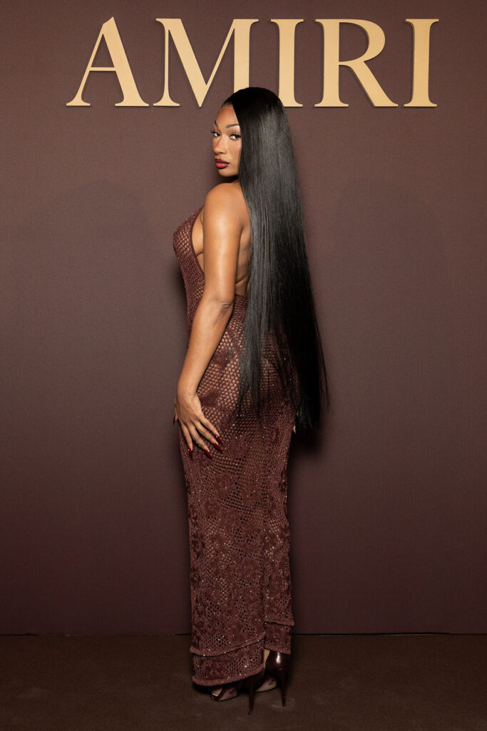 Megan Thee Stallion Celebrates AMIRI's Milan Flagship Opening, Megan Thee Stallion, AMIRI womenswear, AMIRI Autumn Winter 2025, Mike Amiri Milan flagship opening, AMIRI crochet halter dress, AMIRI Milan event, celebrity fashion Milan, luxury brand store opening, Megan Thee Stallion red carpet style, AMIRI women ready to wear