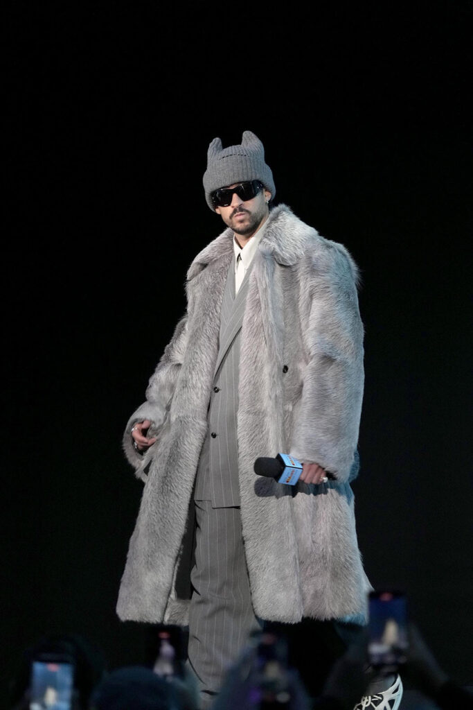 Bad Bunny, Bottega Veneta Spring 2026, Super Bowl LX, Apple Music press conference, menswear, pinstripe suit, shearling coat
