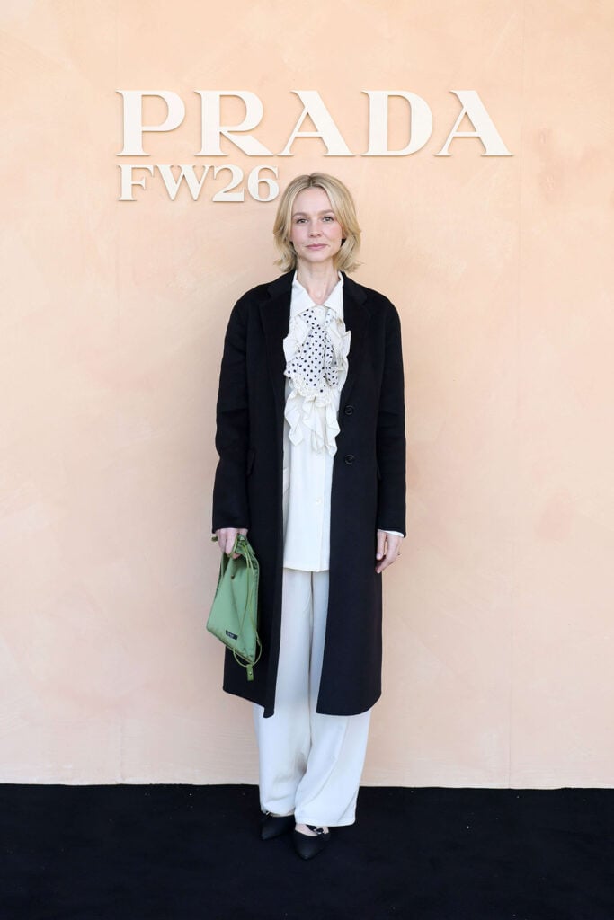 Carey Mulligan, Prada Fall 2026 Womenswear, Prada front row, Milan Fashion Week, Carey Mulligan style, BAFTAs hairstyle, Prada FW26 guests, Fondazione Prada, celebrity fashion Milan