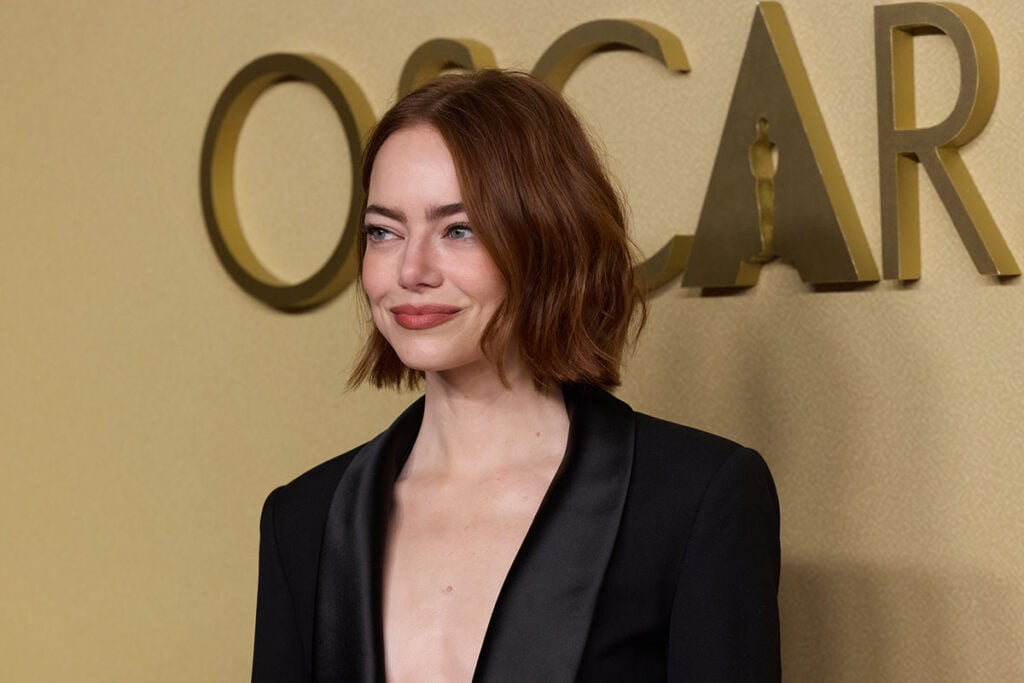 Emma Stone, Emma Stone Oscar nominee, Emma Stone Bugonia, Julien De Libran Spring 2026 Couture, Oscar Nominees Luncheon 2026, Academy Awards nominees luncheon fashion, Emma Stone red carpet, couture tailoring mini dress
