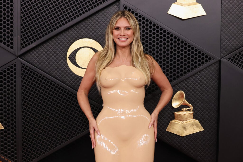 Heidi Klum, 2026 Grammys, Grammys red carpet, Grammy Awards fashion, celebrity red carpet style, awards season fashion, Heidi Klum Grammys look, leather dress red carpet