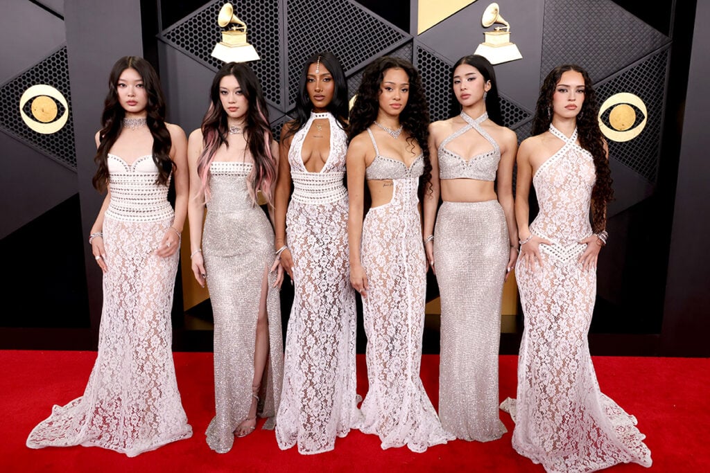 Yoonchae Jeung, Megan Skiendiel, Lara Raj, Manon Bannerman, Sophia Laforteza, and Daniela Avanzini of Katseye attend the 2026 GRAMMY Awards