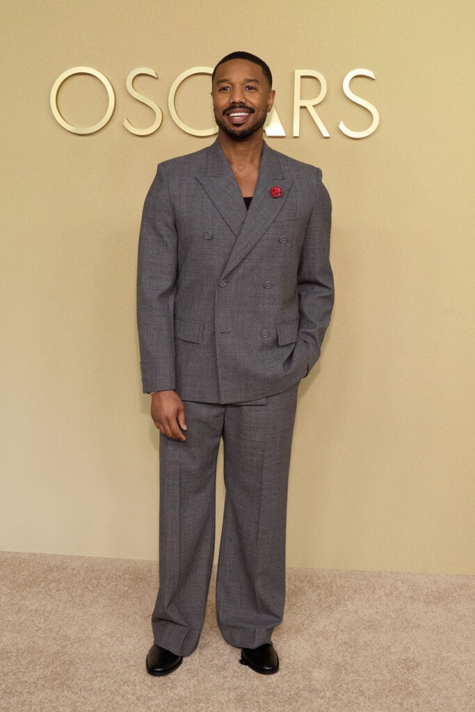 Michael B. Jordan, Balenciaga, custom Balenciaga suit, Michael B. Jordan Oscars, Oscar Nominees Luncheon 2026, double breasted suit, grey tailoring, Michael B. Jordan red carpet
