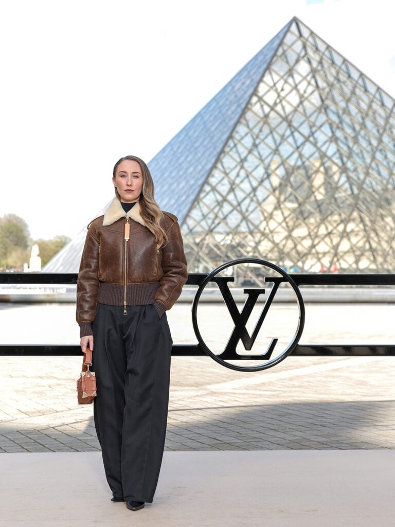 Erin Doherty, Louis Vuitton Fall 2026 show, Paris Fashion Week front row, Erin Doherty Louis Vuitton front row look, Erin Doherty Louis Vuitton aviator jacket, Louis Vuitton Fall 2026 Paris Fashion Week, Nicolas Ghesquière Louis Vuitton show