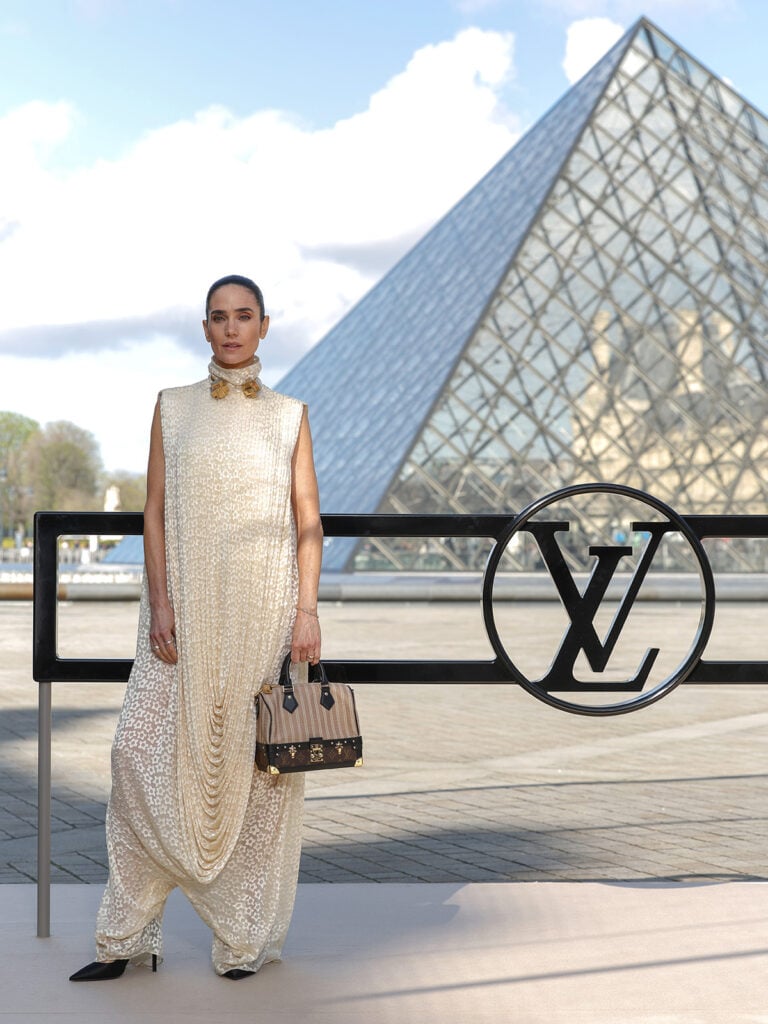 Jennifer Connelly, Louis Vuitton Fall 2026 show, Paris Fashion Week front row, Jennifer Connelly Louis Vuitton Spring 2026 jumpsuit, Jennifer Connelly Louis Vuitton front row style, Louis Vuitton Fall 2026 Paris Fashion Week, Nicolas Ghesquière Louis Vuitton show