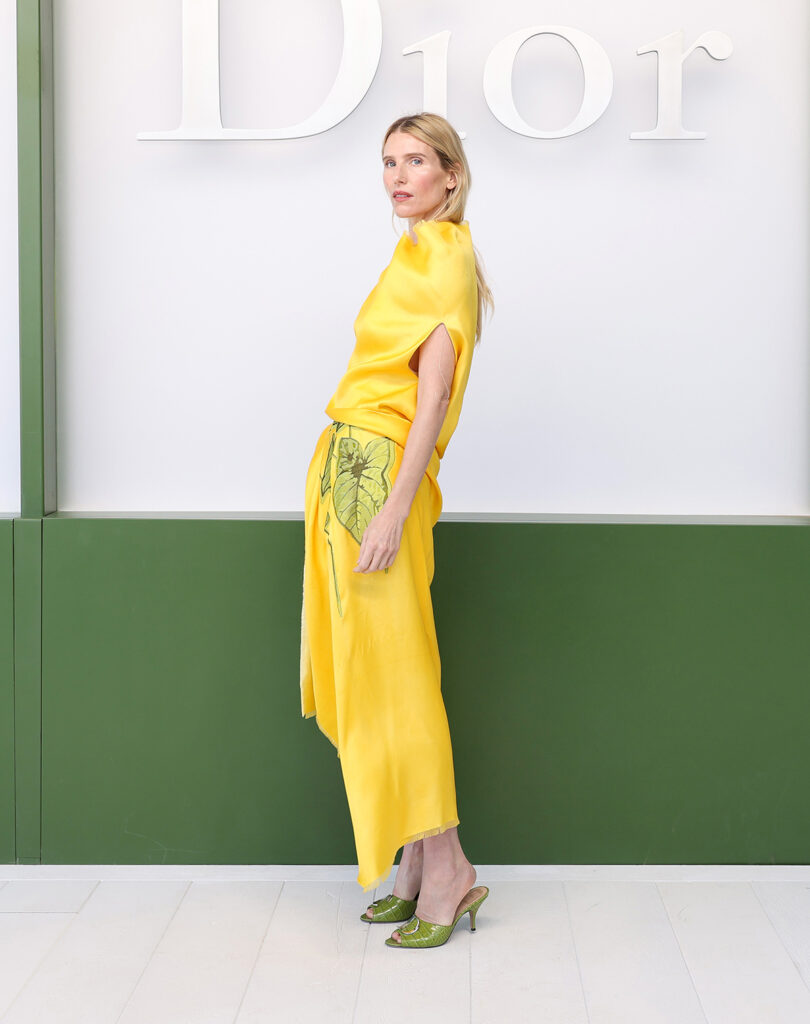 Dree Hemingway Dior Pre-Fall 2026 yellow dress, Dree Hemingway Dior front row, Dree Hemingway Dior Paris Fashion Week, Dree Hemingway Dior fashion week appearance