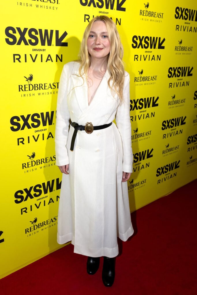 Dakota Fanning SXSW premiere, Dakota Fanning Margo’s Got Money Troubles premiere, SXSW red carpet Dakota Fanning, SXSW Conference and Festival red carpet, Ralph Lauren Spring 2025 coat dress, Ralph Lauren Spring 2025 SXSW, Dakota Fanning Ralph Lauren Spring 2025