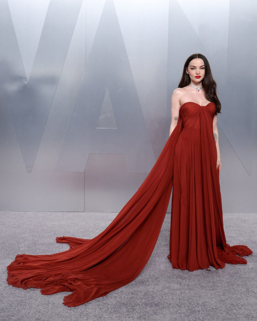 Dove Cameron Vanity Fair Oscar Party 2026 Georges Hobeika Couture gown, Dove Cameron pastel couture gown Vanity Fair Oscar Party red carpet, Georges Hobeika Couture Vanity Fair Oscar Party Dove Cameron dress