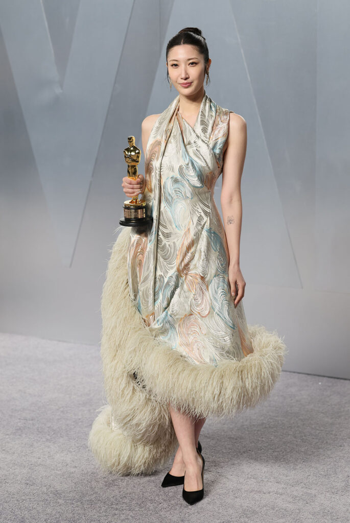EJAE Vanity Fair Oscar Party 2026 Dior, EJAE Dior Fall 2026 feather dress Vanity Fair Oscar Party, Vanity Fair Oscar Party 2026 red carpet EJAE, Dior Fall 2026 feather trim dress EJAE Vanity Fair Oscar Party