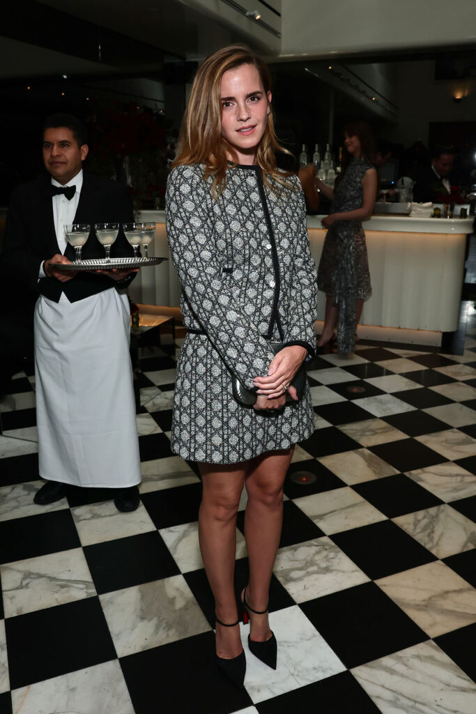 Emma Watson, W Magazine Dior dinner Oscars, Dior tweed mini dress, Oscars weekend red carpet, Dior celebrity style