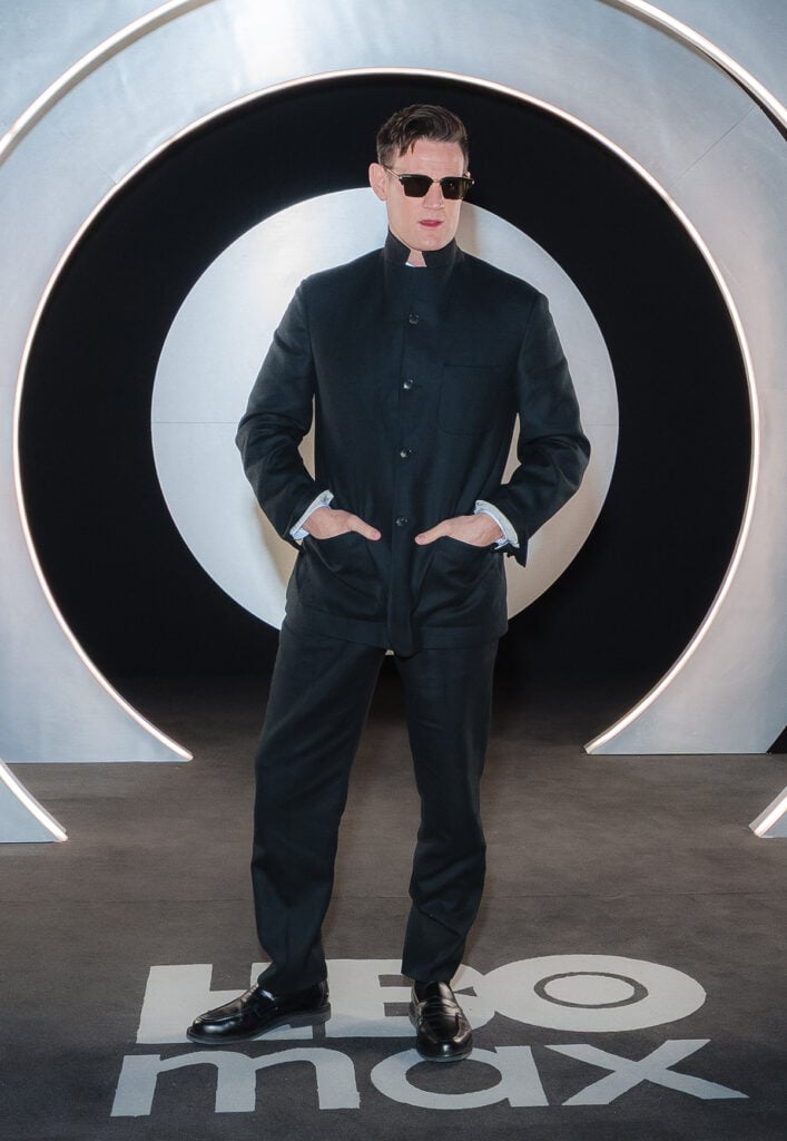 Matt Smith HBO Max UK Ireland launch party, Matt Smith HBO Max red carpet, HBO Max London launch menswear, Umit Benan Matt Smith suit, Matt Smith Korean collar blazer Umit Benan, House of the Dragon HBO Max event style, Umit Benan HBO Max London launch, Matt Smith tailoring red carpet