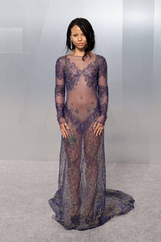 Maude Apatow Vanity Fair Oscar Party 2026, Myha’la Vanity Fair Oscar Party 2026, Felicity Jones Vanity Fair Oscar Party 2026, Maude Apatow red carpet Valentino, Myha’la Valentino Spring 2026 sheer dress, Felicity Jones Valentino Pre-Fall 2026 gown, Vanity Fair Oscar Party 2026 red carpet Valentino