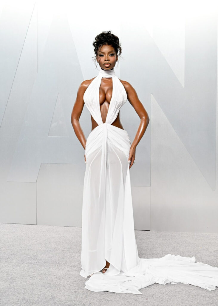 Olandria Carthen Vanity Fair Oscar Party 2026 Pajtim Raci gown, Olandria Carthen white sheer dress Vanity Fair Oscar Party red carpet, Pajtim Raci Vanity Fair Oscar Party Olandria Carthen look