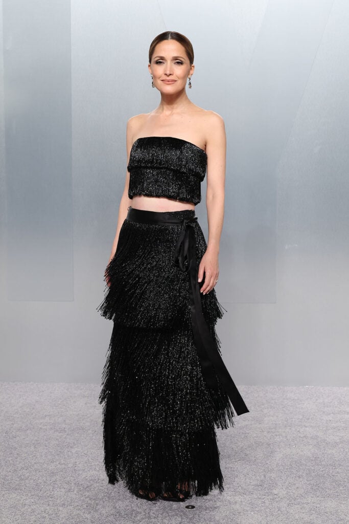 Rose Byrne Vanity Fair Oscar Party 2026 Dior, Rose Byrne Dior Vanity Fair Oscar Party, Vanity Fair Oscar Party 2026 red carpet Rose Byrne, Dior fringed two piece Rose Byrne Vanity Fair Oscar Party