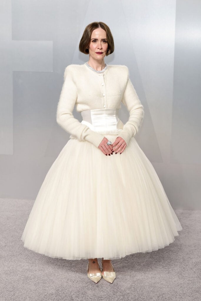 Sarah Paulson Vanity Fair Oscar Party 2026 Matières Fécales dress, Sarah Paulson conceptual black gown Vanity Fair Oscar Party red carpet, Matières Fécales Vanity Fair Oscar Party Sarah Paulson look