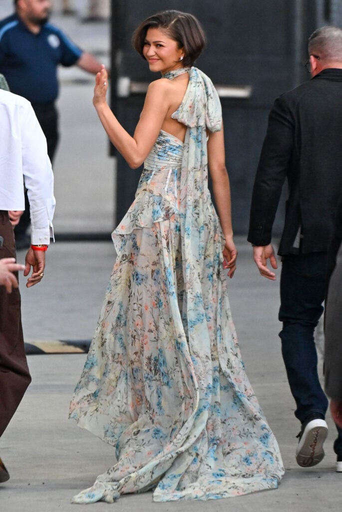 Zendaya Jimmy Kimmel Live, Zendaya red carpet, Jimmy Kimmel Live fashion, Zendaya McQueen Fall 2026, McQueen Jimmy Kimmel Live, Zendaya The Drama press tour, McQueen floral dress Zendaya