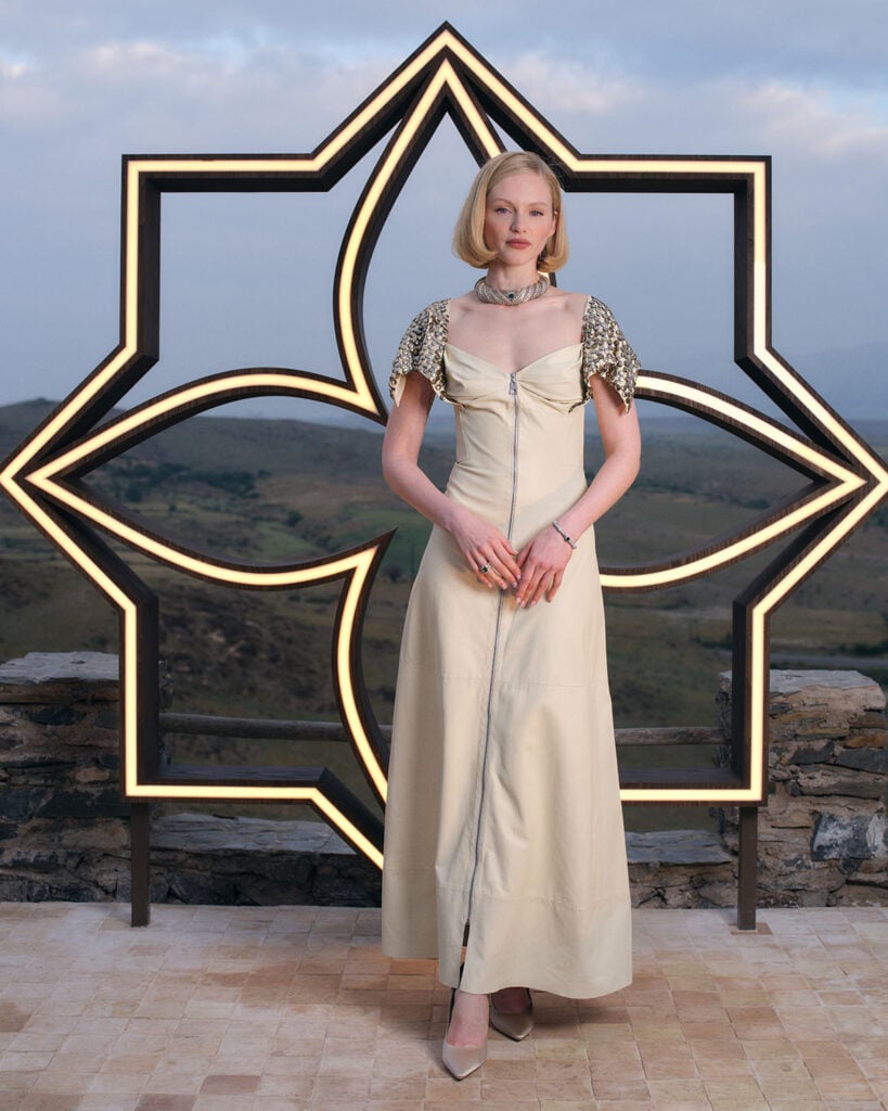 Emma Laird Louis Vuitton Mythica event, Emma Laird leather dress Marrakesh, Louis Vuitton High Jewelry Laird, Mythica event red carpet