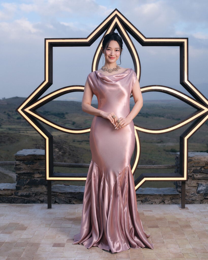 Mina Shin Louis Vuitton Mythica event, Mina Shin satin gown Marrakesh, Louis Vuitton High Jewelry Shin, Mythica red carpet style