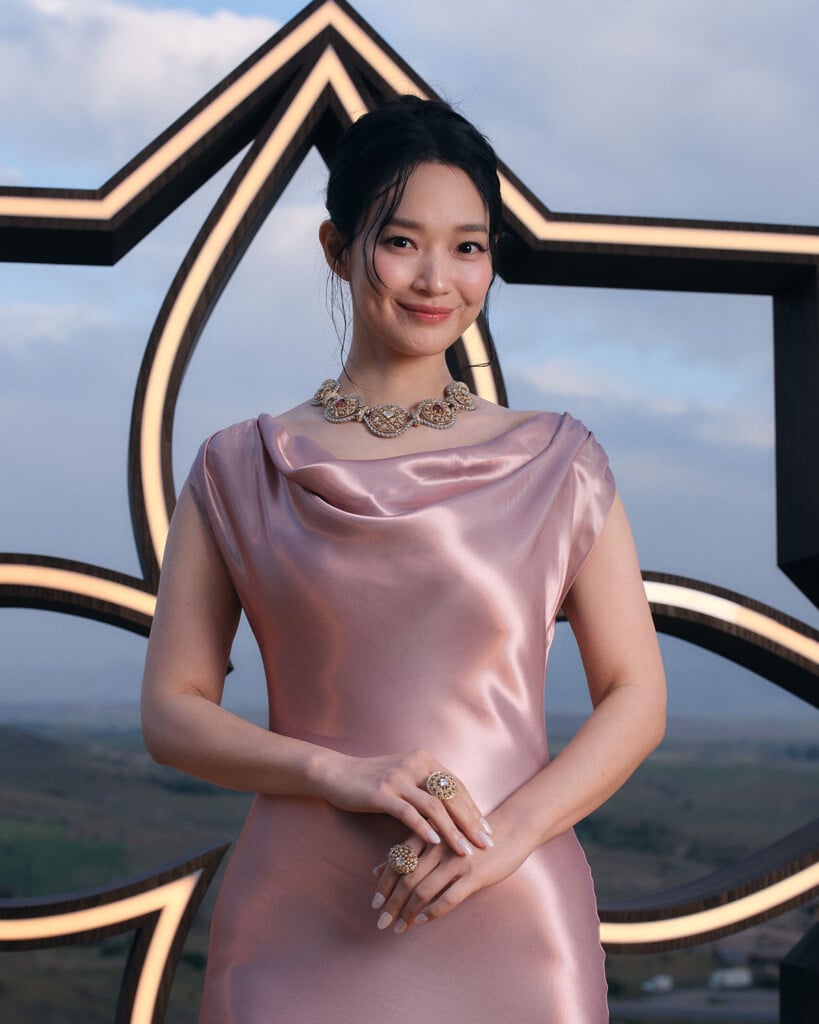 Mina Shin Louis Vuitton Mythica event, Mina Shin satin gown Marrakesh, Louis Vuitton High Jewelry Shin, Mythica red carpet style