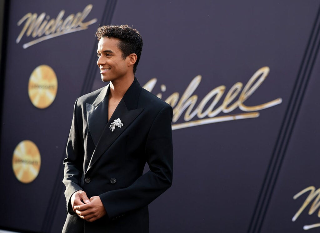 Jaafar Jackson Michael LA Premiere, Jaafar Jackson red carpet Michael, Michael LA premiere red carpet, Saint Laurent Jaafar Jackson Michael premiere, Saint Laurent tuxedo Michael LA premiere