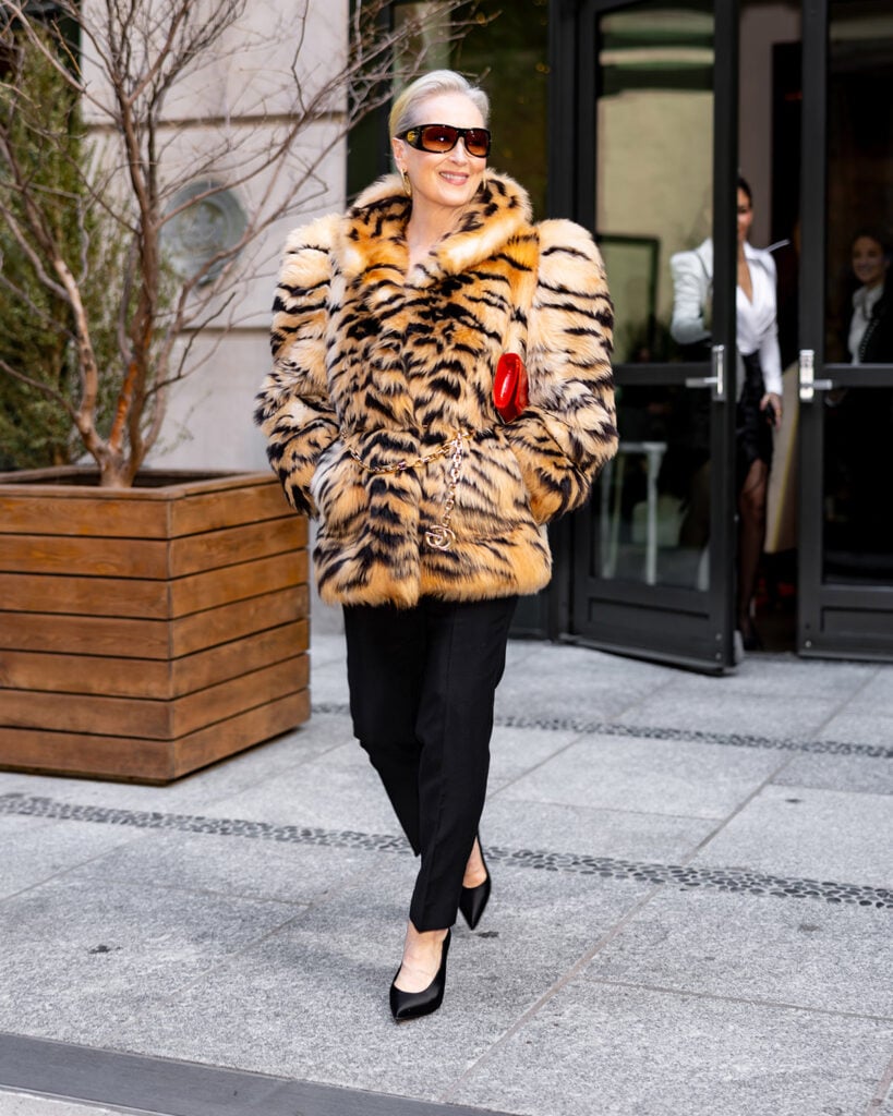 Meryl Streep Wore Gucci Promoting 'The Devil Wears Prada 2' Meryl Streep The Devil Wears Prada 2 New York, Meryl Streep Prada 2 street style, The Devil Wears Prada 2 New York red carpet, New York celebrity street style, Meryl Streep Gucci La Famiglia coat, Gucci La Famiglia Meryl Streep Prada 2