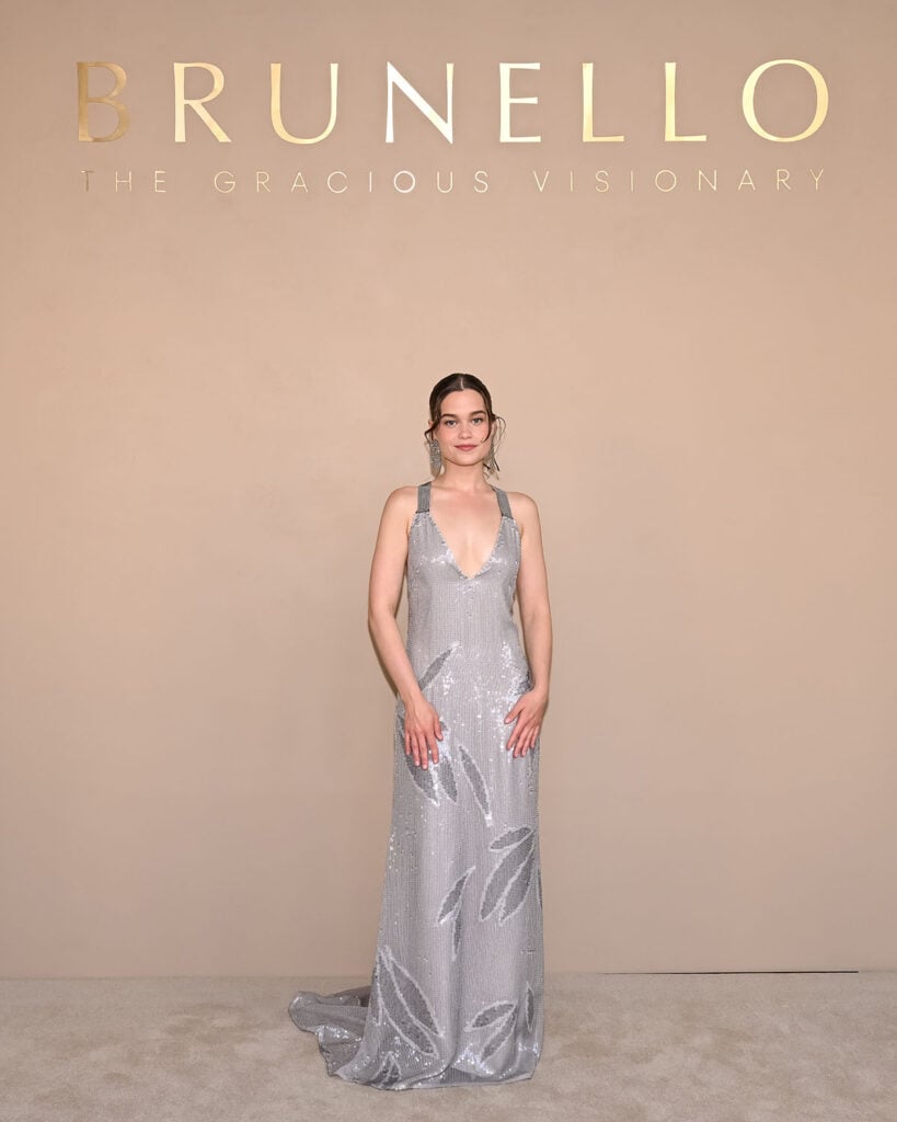 Sarah Catherine Hook Brunello Cucinelli gala screening, Sarah Catherine Hook red carpet embellished gown New York event, Brunello Cucinelli Sarah Catherine Hook silver gown gala, Brunello Cucinelli gala screening red carpet Sarah Catherine Hook