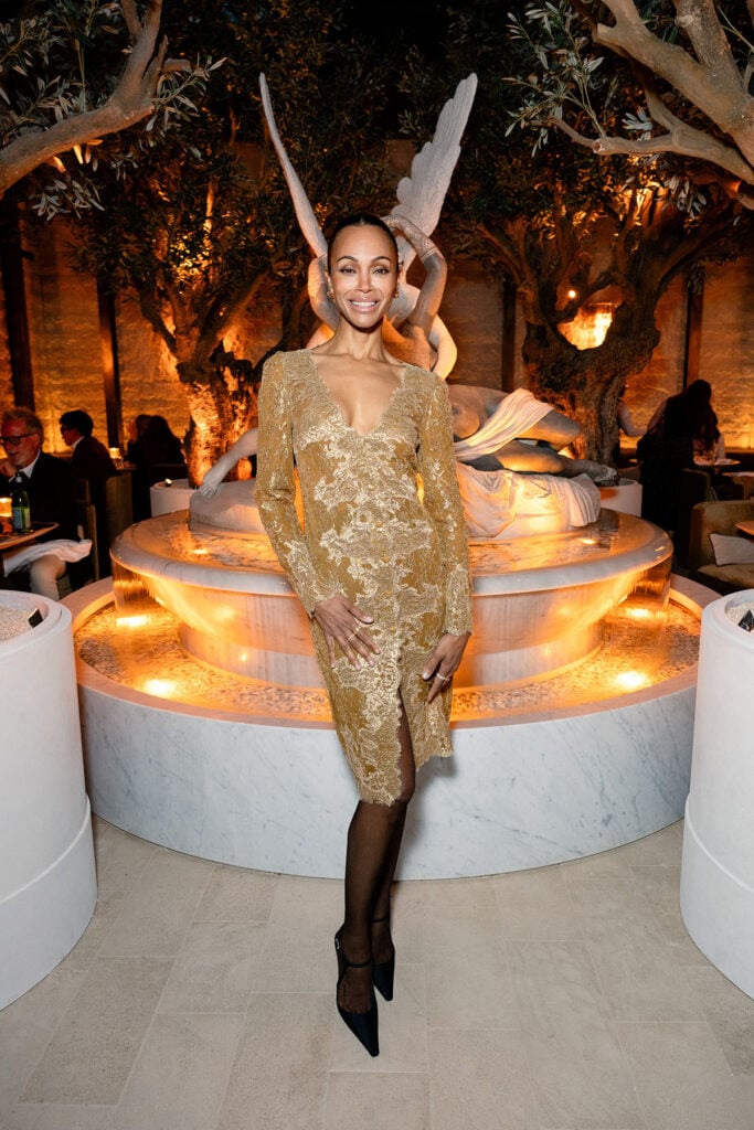 Zoe Saldana Wore Saint Laurent To The RH Milan, The Gallery Unveiling, Zoe Saldana RH Milan unveiling, Zoe Saldana Milan event, RH Milan Gallery unveiling red carpet, Milan event red carpet, Zoe Saldana Saint Laurent RH Milan, Saint Laurent RH Milan unveiling Anthony Vaccarello