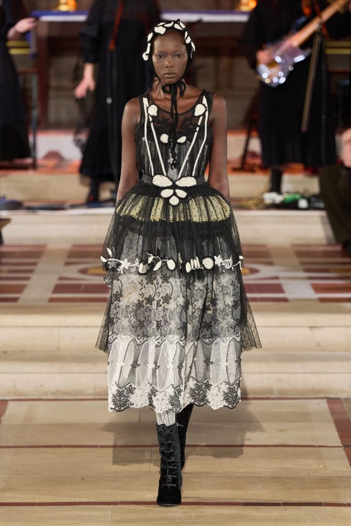 Bora Aksu black-and-white layered lace dress from the Fall 2026 runway collection