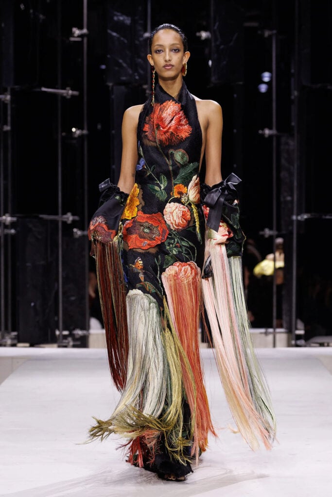 Givenchy Fall 2026 runway look featuring embroidered florals and horsehair sleeve details