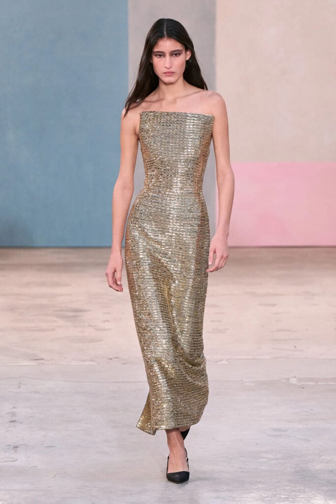 Carolina Herrera Fall 2026 gold embroidered strapless ankle-length dress runway look