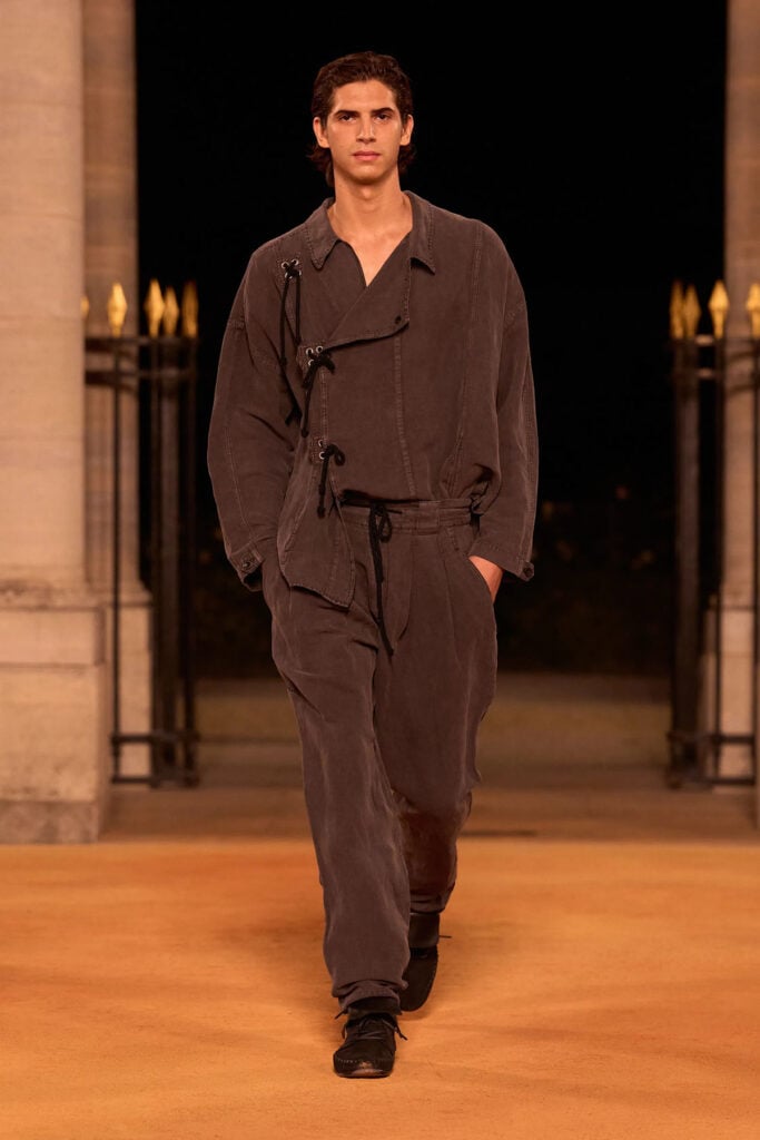 Isabel Marant Spring 2026 washed charcoal utility-inspired runway look worn by Diego Calva at Cannes
