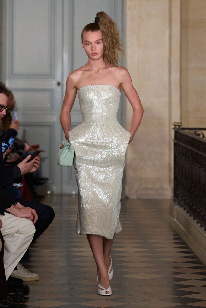 Jacquemus Fall 2026 silver sequinned strapless dress on the runway