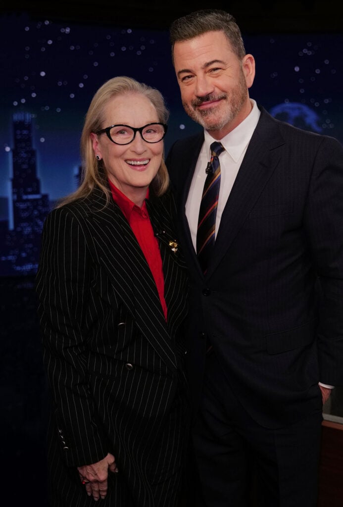 Meryl Streep and Jimmy Kimmel during Jimmy Kimmel Live in Los Angeles with Streep wearing custom McQueen tailoring