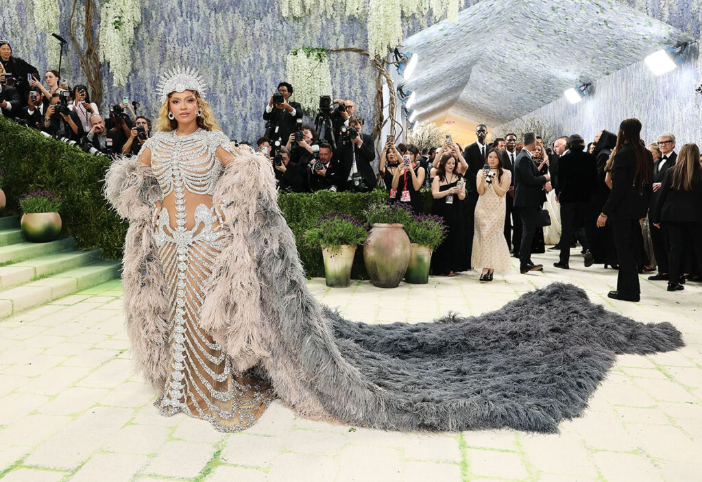 Close-up of Beyoncé wearing crystal-embellished skeletal bodice and crown headpiece at the 2026 Met Gala