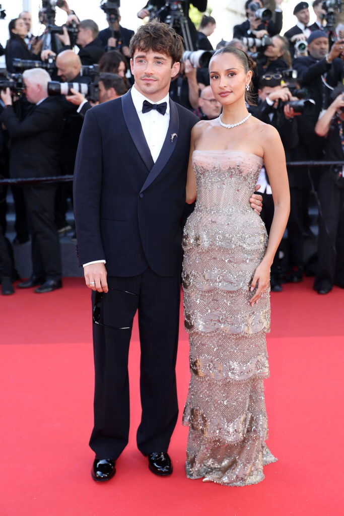 Charles Leclerc wore Giorgio Armani alongside Alexandra Leclerc in Paolo Sebastian at the Cannes Film Festival.
