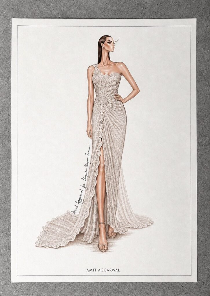 Sketch reference of Priyanka Chopra’s custom Amit Aggarwal couture design created for the 2026 Gold Gala