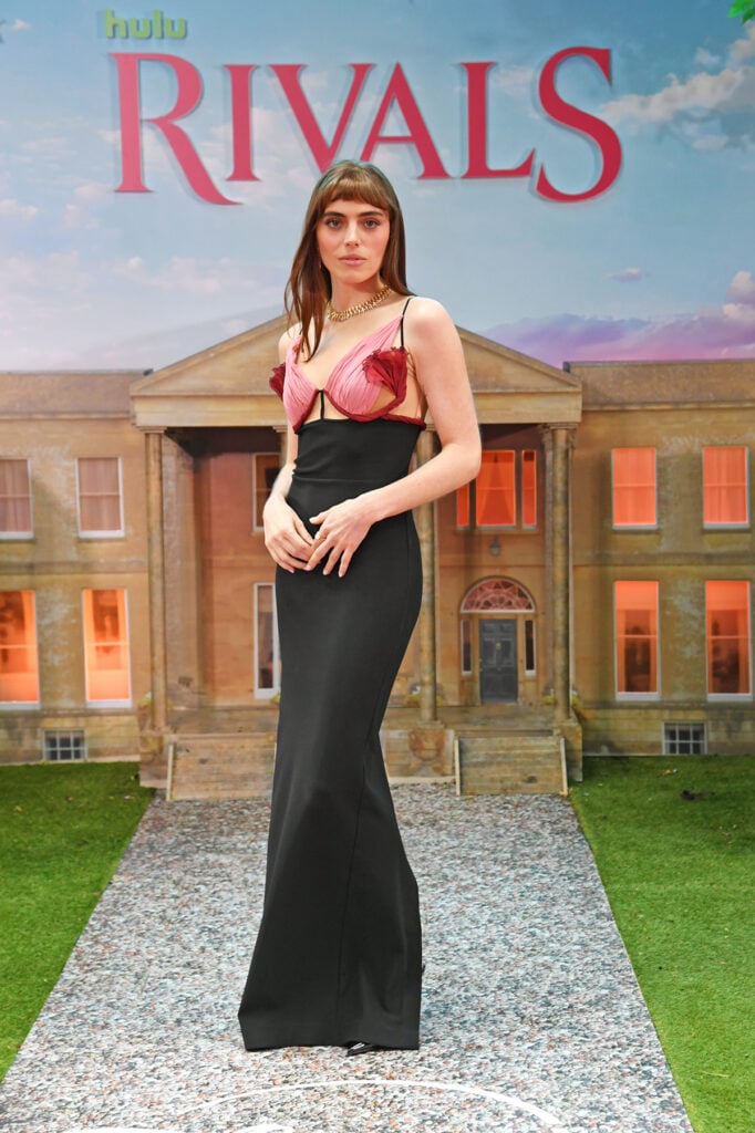 Bella Maclean wore a Nensi Dojaka petal dress to the Rivals Season 2 world premiere at BFI IMAX London.