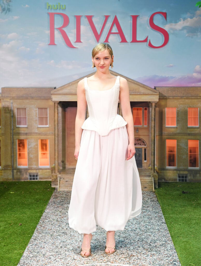 Catriona Chandler wore a Halfpenny London corset look to the Rivals Season 2 premiere in London.